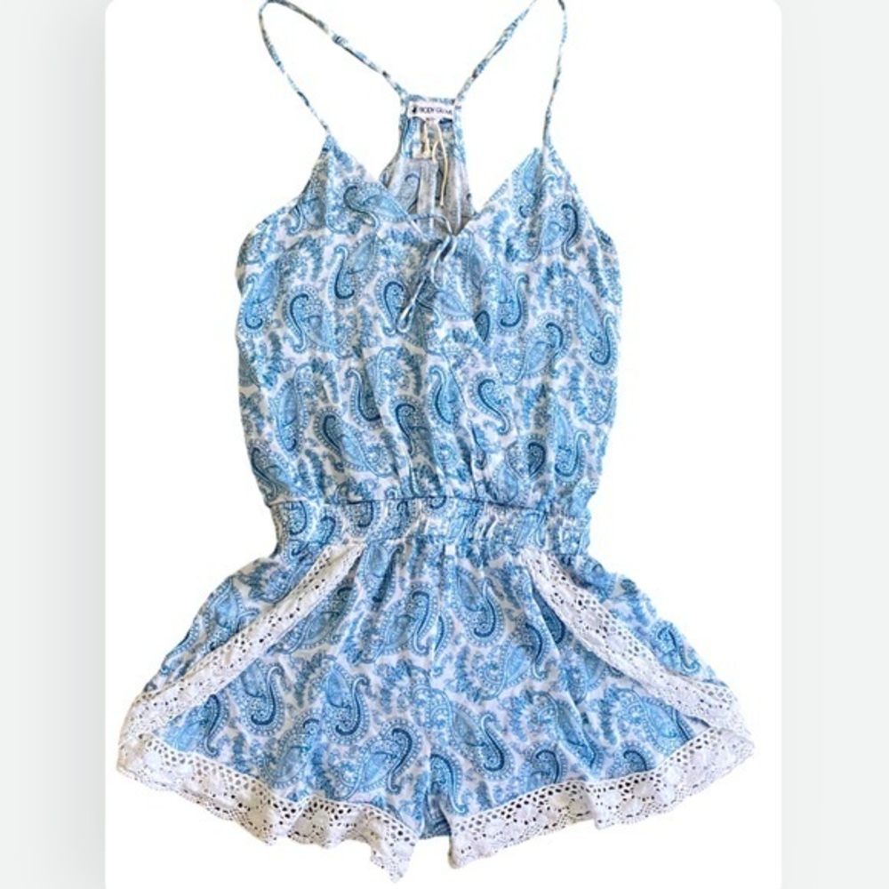 Body Glove Paisley Crochet Lace Blue & White Tank Top Shorts Romper Small - Picture 2 of 7